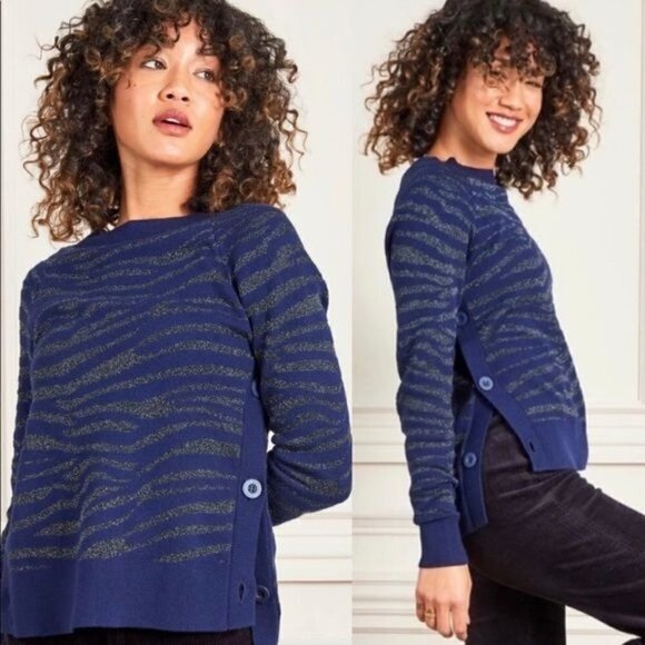 Stella & Dot Blue/Black Animal Print Sweater Women's Size Large - Picture 1 of 7